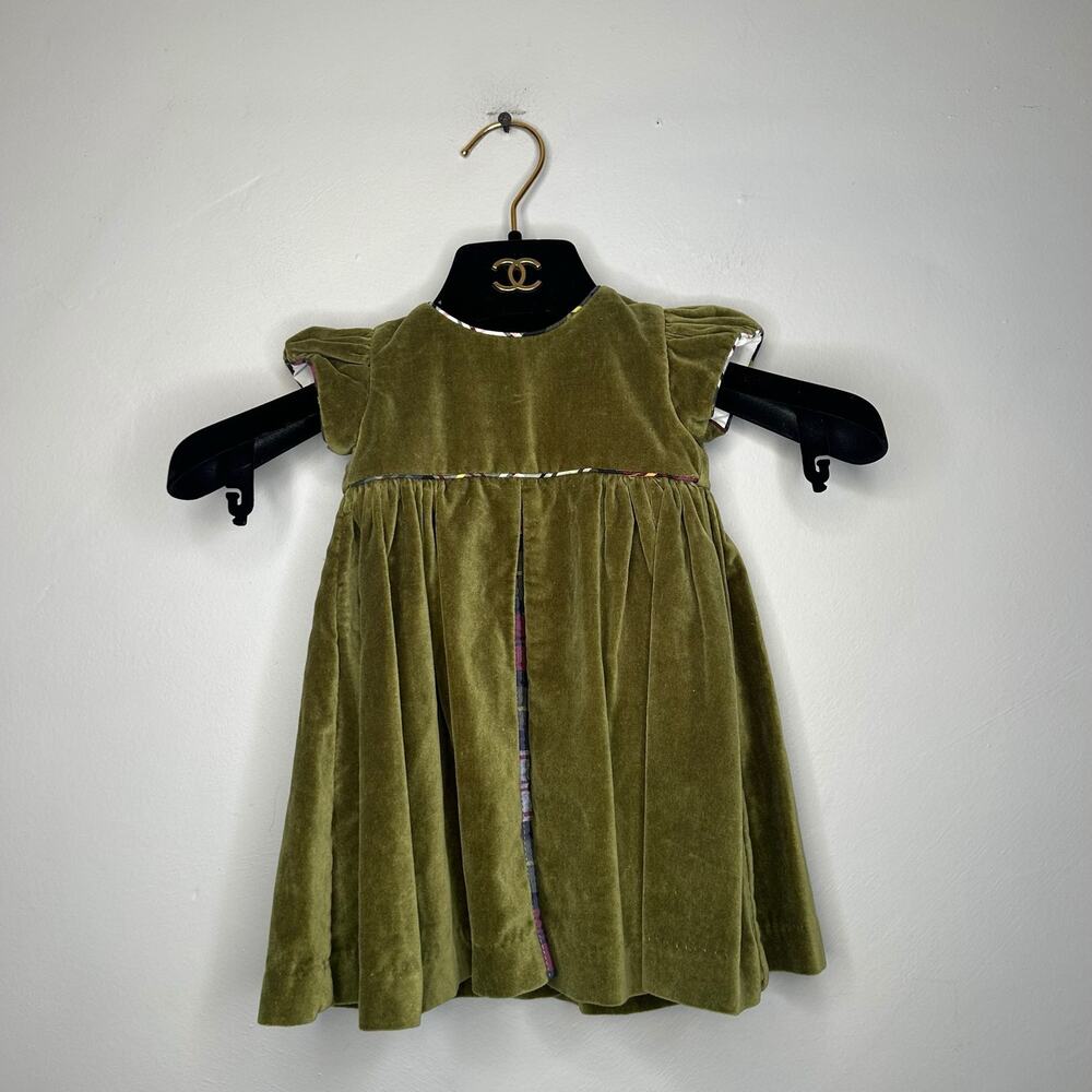 Strasburg Vintage Olive Green Velvet Cap Sleeve Baby/Toddler A-Line Dress 6M